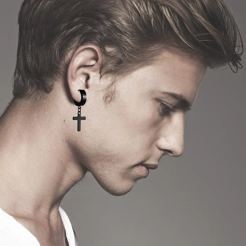 5 Pairs Stainless Steel Earrings Cross Dangle Hinged Earrings, Cubic Zirconia Stud Earrings For Men, Ear Piercing Jewelry