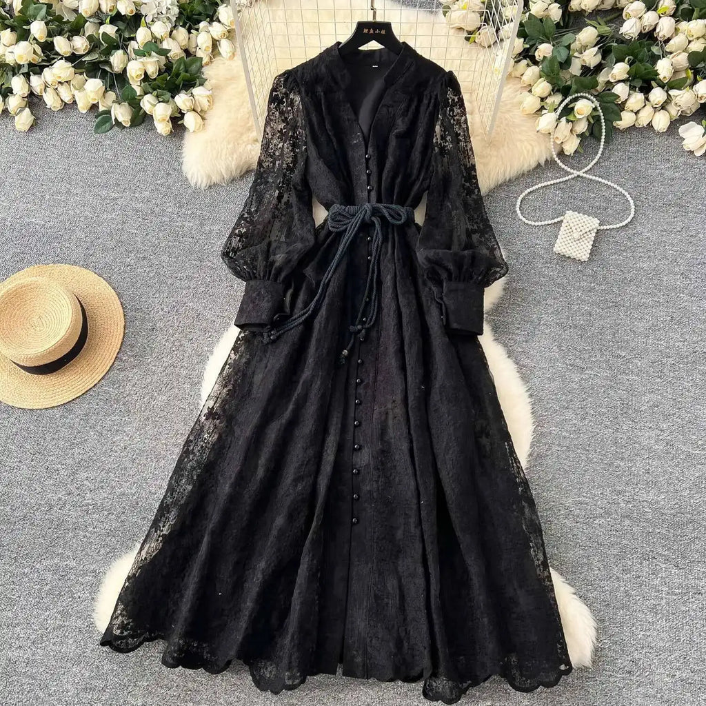 Luxury Embroidery Formal Dresses Women Summer Autumn Lantern Long Sleeve Lace Vestidos Pearl Prom Evening Birthday Dress Party