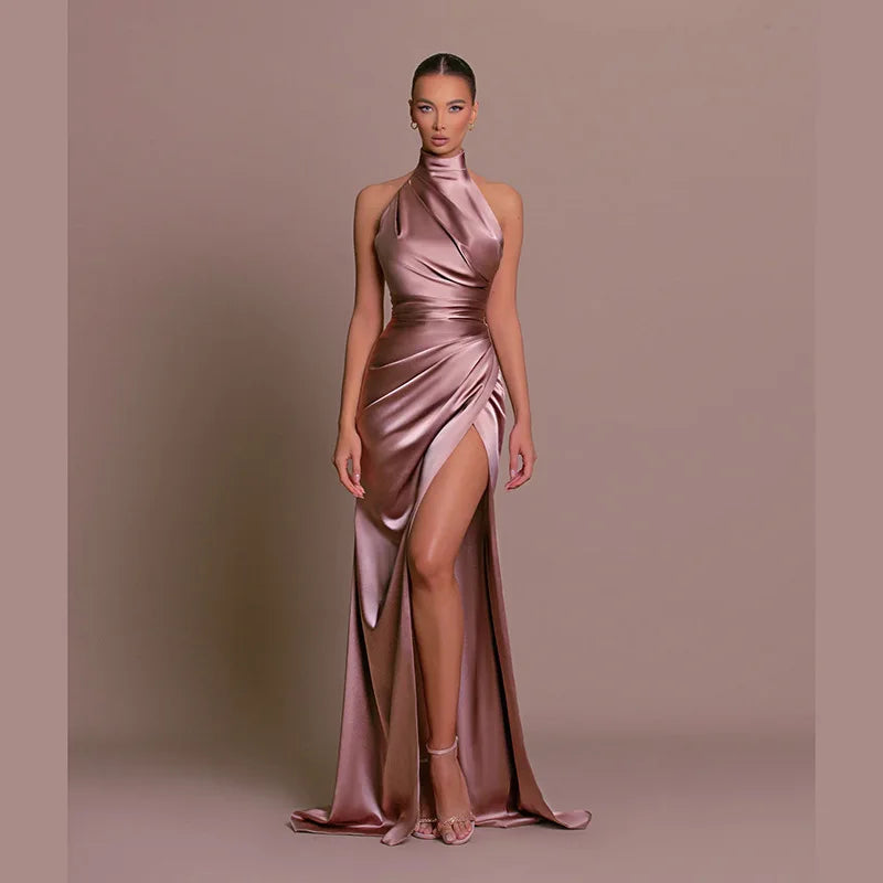 Ladies Summer Satin Evening Birthday Party Dresses Women Sleeveless Backless Halter Side Slit Elegant Long Dress Mowan Clothes