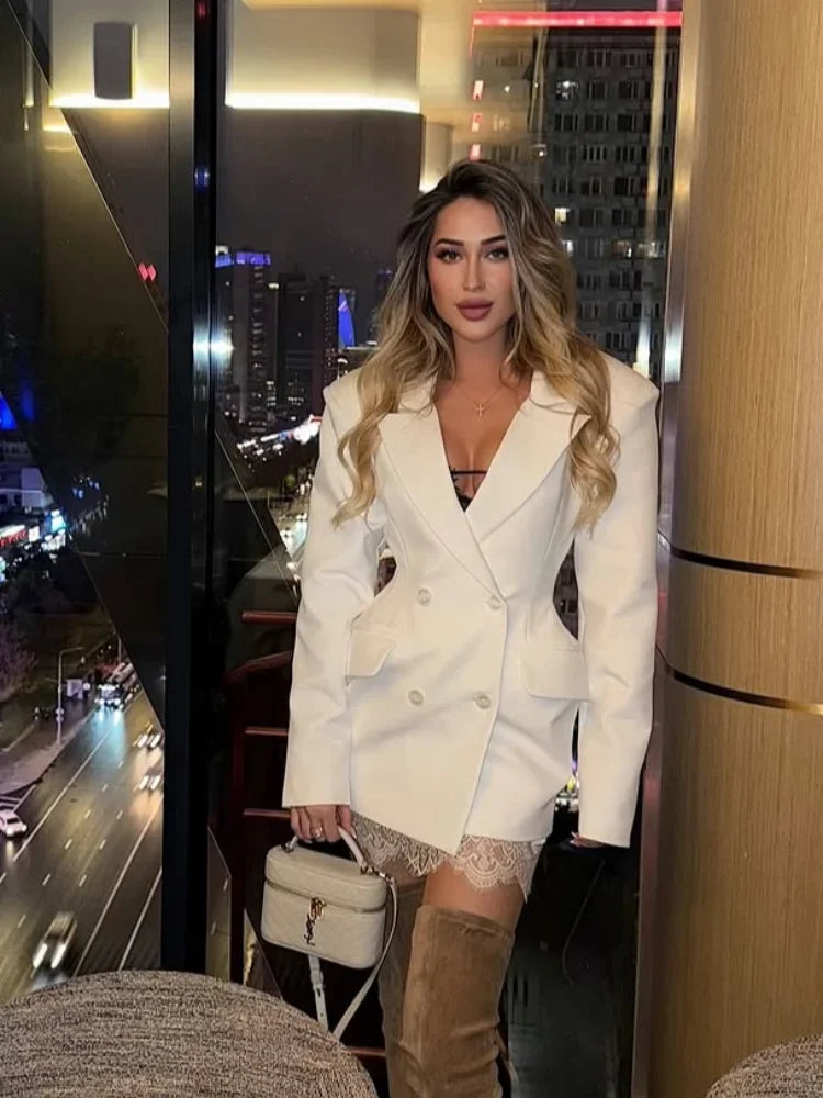 Chic Waist Cinching Women Mini Dress Fashion Full Sleeve Deep V-neck Double Breasted Short Dresses Lady Daily Party Street Gown