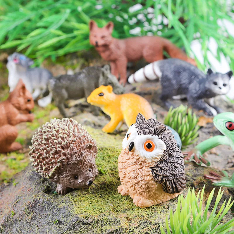 Oenux Mini Wild Wild Forest Animals Insect Dinosaur Model Owl Fox Squirrel Hedgehog Fox Frog Figurines Cake Toppers Kid Toy Gift