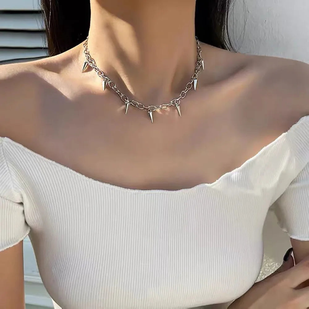 Men Punk Style Rivet Tassel Necklace Hip Hop Women Fashion Geometric Titanium Steel Chain Necklace