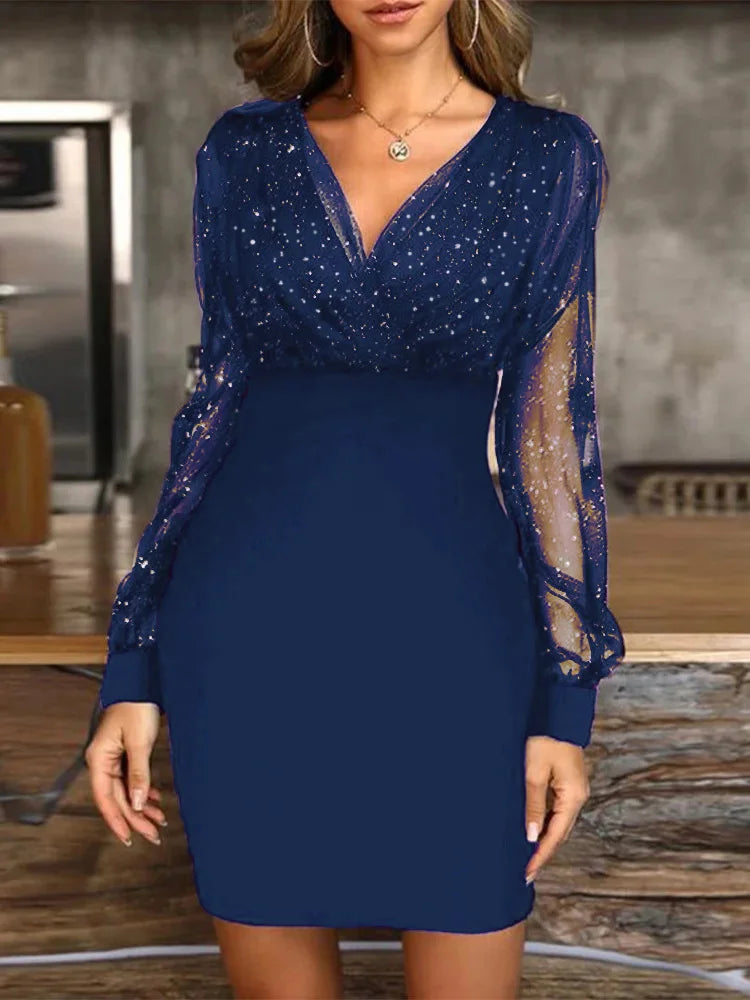 Sexy V-Neck See Through Long Sleeve Dress Women Spring Autumn New Year Party Mini Dresses vestidos cortos