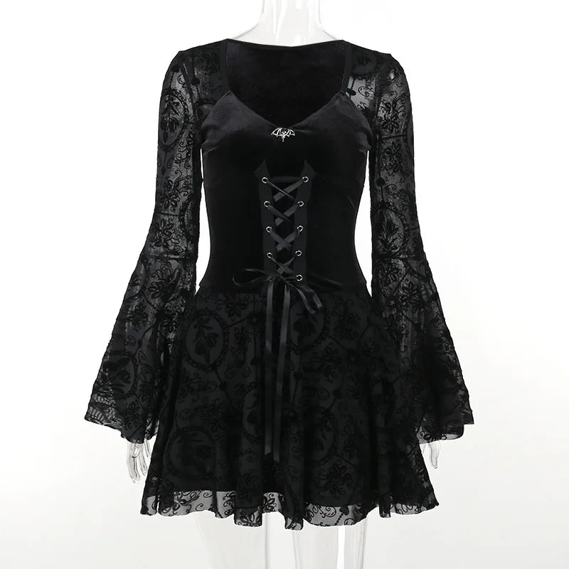 Goth Dark Elegant Vintage Mall Gothic Velvet Dresses Grunge Punk Style Flocked Bandage Dress Women Flare Sleeve Party Alt Outfit
