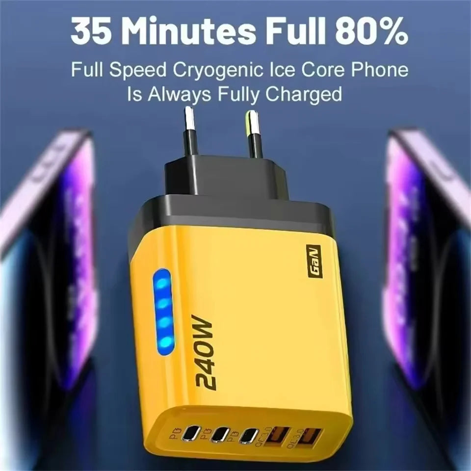 5 in 1 GaN USB C Desktop Charger 240W Fast Charge Phone Adapter braid Type C Cable For iPhone Samsung Xiaomi EU/US Plug Charger
