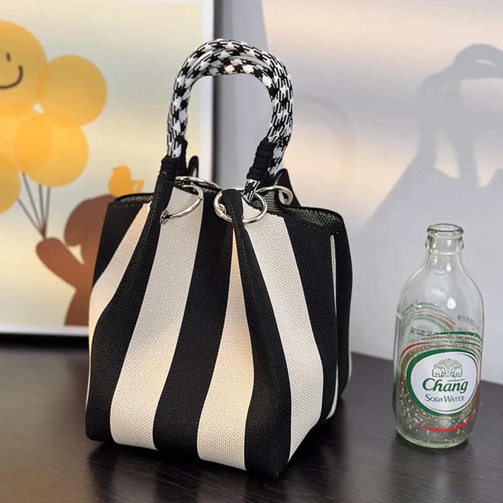 Color Block Handbag Lightweight Metal Ring Handbag Knit Tote Bag Spacious Polyester Storage Bag For Shopping Casual Travel