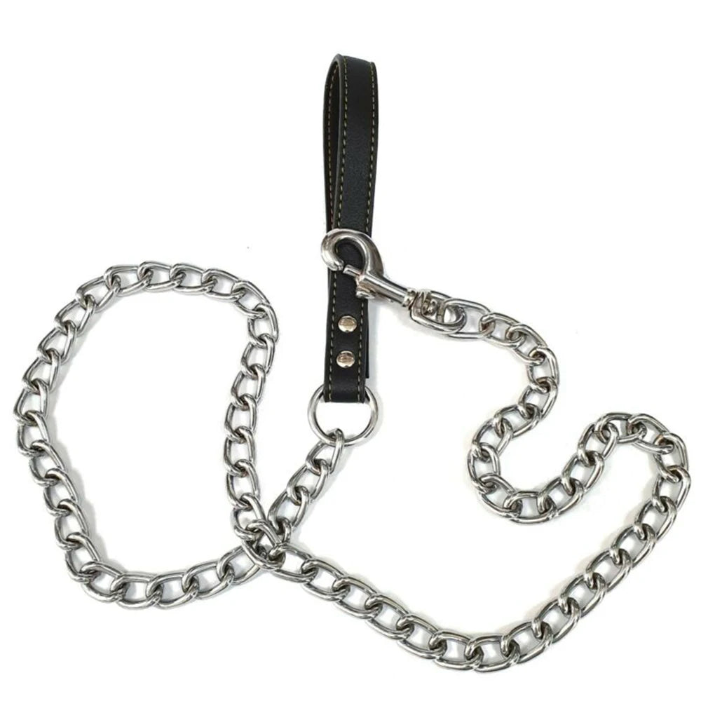 Metal Chain Dog Lead with Leather Style Handle Strong Control Leash Iron Dog Pets Supplies Collars Harnesses Chain Traction Rope