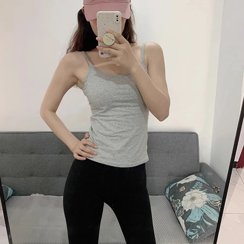 1PC Korean Women's Solid Color Spaghetti Straps Sleeveless Slim Camisole With Chest Pad