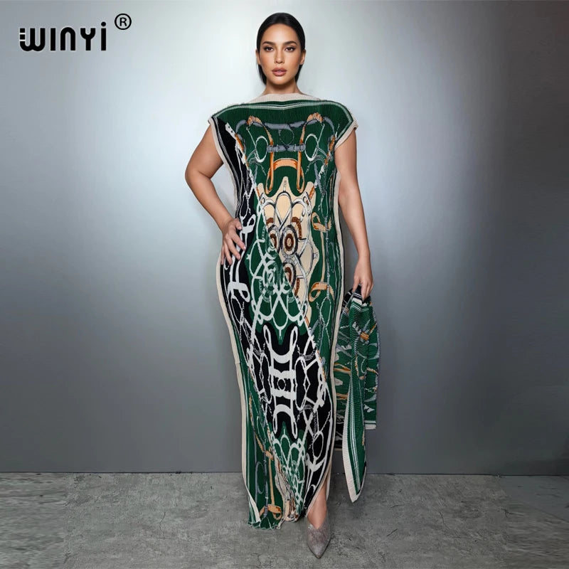 WINYI Pleated elastic slim dress Women crumple Design Pleated luxury abaya muslim party dress poncho for women beach wear kaftan