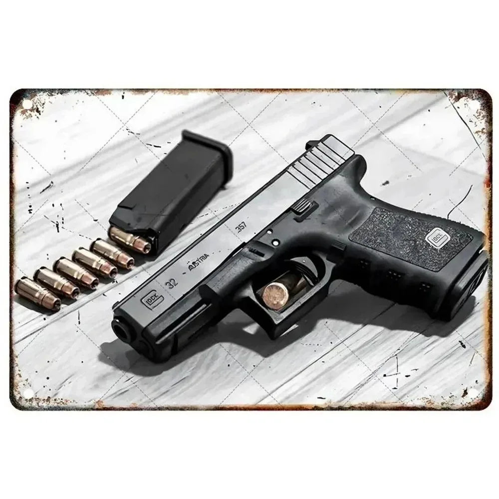 Cool Gun Poster Metal Tin Sign Man Cave Set 4 Vintage Firearm Wall Art Military Decor Bar Bedroom Garage