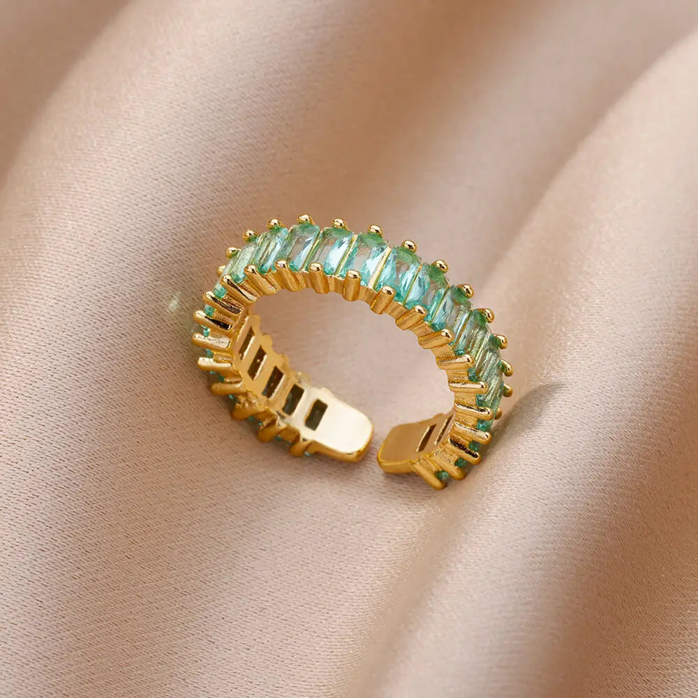 Colorful Cubic Zircon Ring for Women Stainless Steel Gold Color Open Ring Vintage Boho Wedding Party Jewelry Gift Accessories