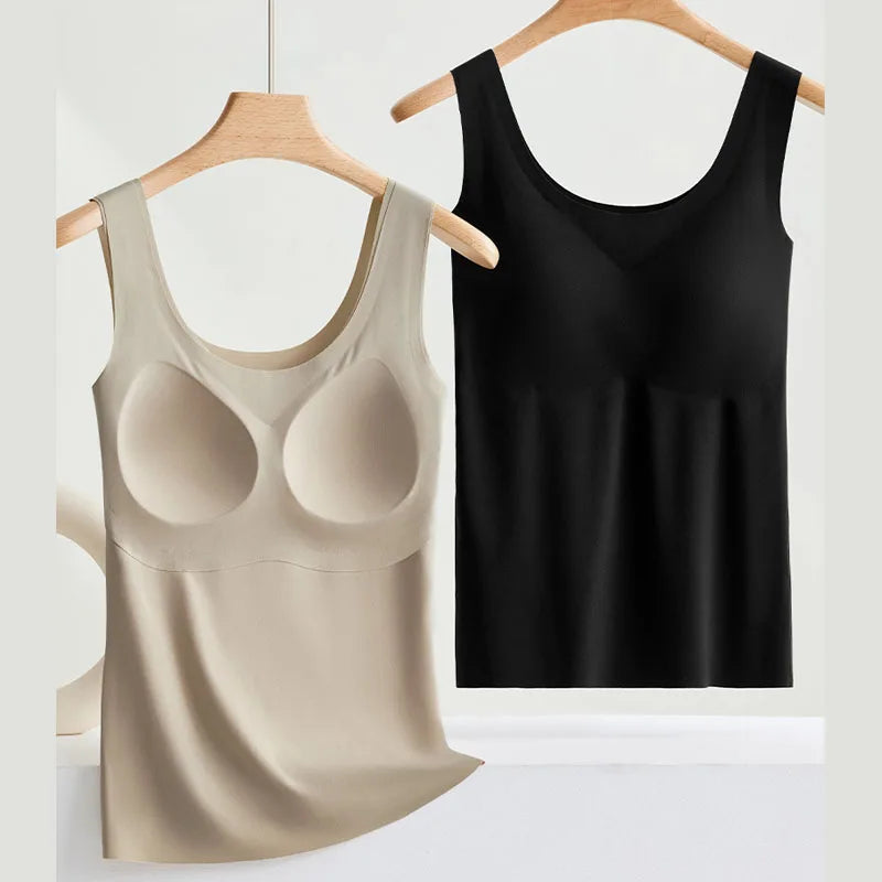 M-2XL Ice Silk Seamless One-piece Bottoming Tank Tops with Chest Pads Women Inner Outerwear Wide Shoulder Sleeveless Tops